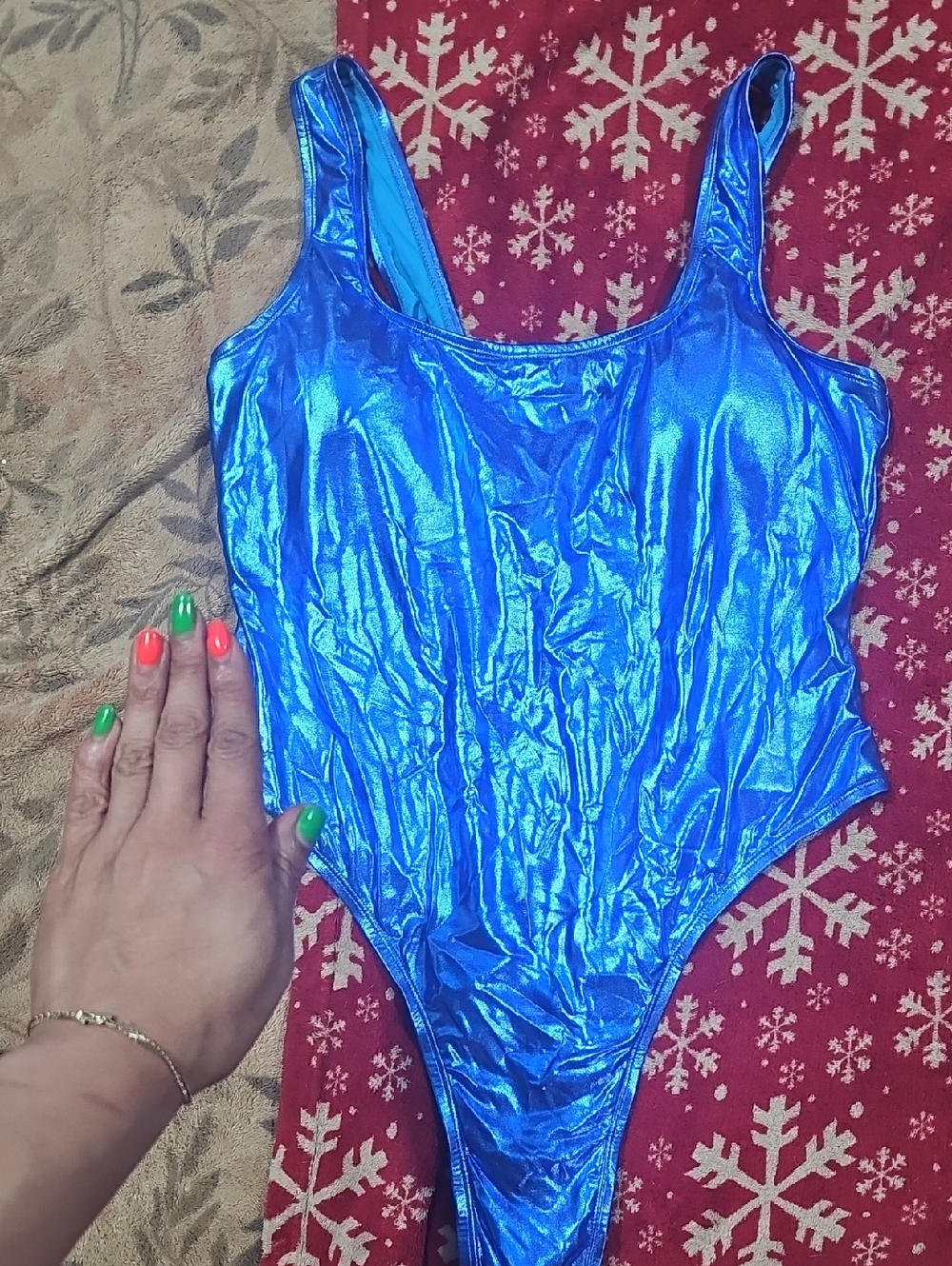Queensize Shiny Metallic Blue One-Piece Swimsuit